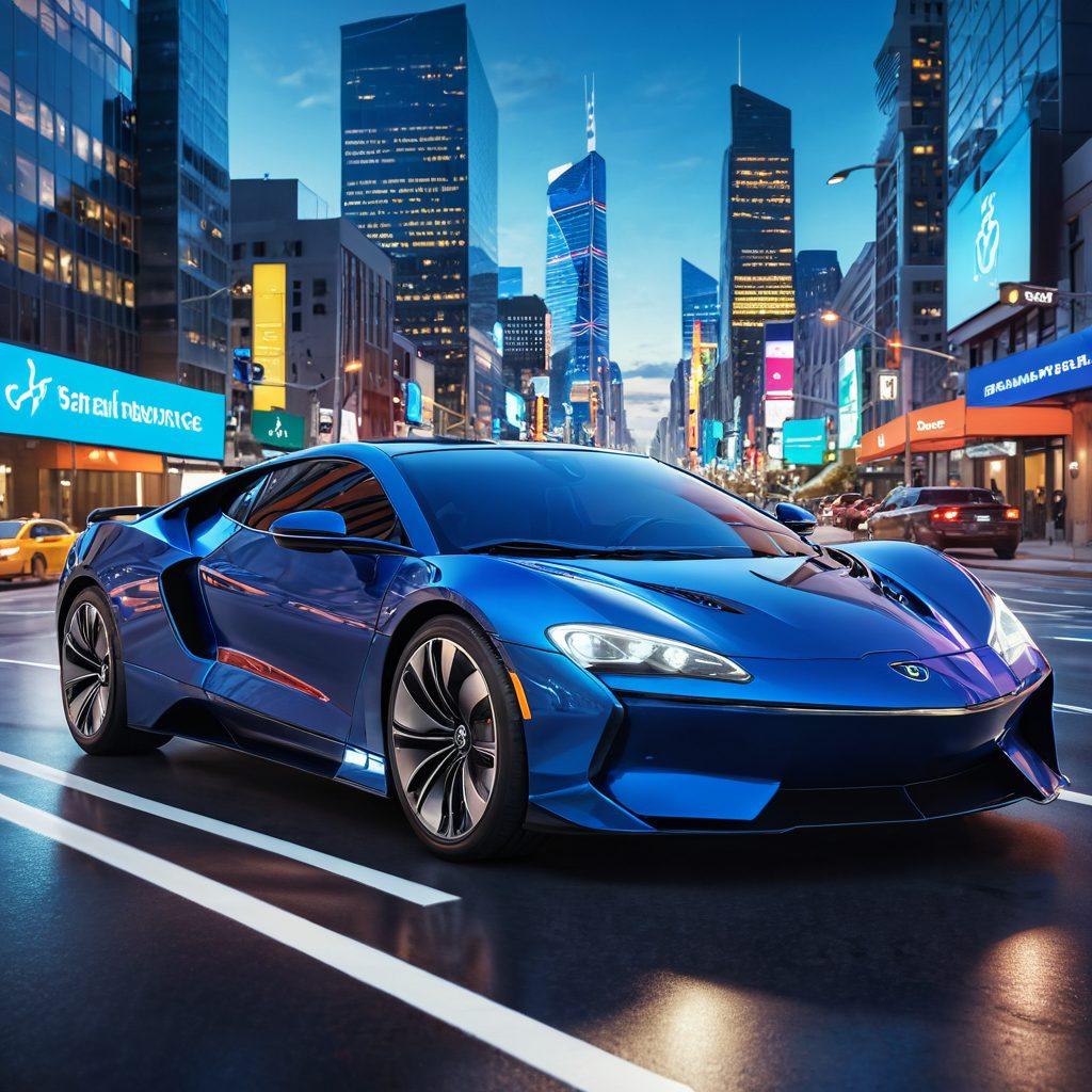 A sleek, modern car shielded by a glowing, digital protective barrier, symbolizing security and protection. Surround the car with icons representing smart strategies for car insurance savings, like money signs, check marks, and graphs. In the background, a cityscape symbolizes progress and innovation, with a clear blue sky. Include vibrant colors to evoke a sense of hope and positivity. super-realistic. vibrant colors.