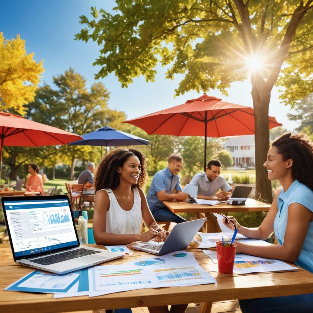 A visually appealing scene featuring a diverse group of people discussing auto insurance documents outdoors, with a backdrop of cars parked happily in a sunny environment. Include elements like a calculator, a laptop opened with insurance websites, and colorful charts showing savings. The setting should convey a sense of community and accessibility, highlighting the concept of smart financial choices. super-realistic. vibrant colors. cheerful atmosphere.