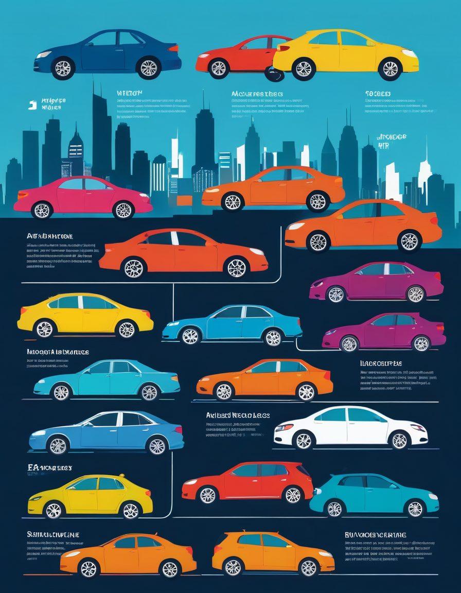 A detailed infographic showcasing diverse car models with vibrant labels indicating various motor insurance types and benefits. In the background, a bright city skyline symbolizes urban driving, while a person is contemplating with a clipboard in hand. The scene conveys clarity, choice, and safety, highlighting a sense of informed decision-making. vector art. vibrant colors. clean layout.
